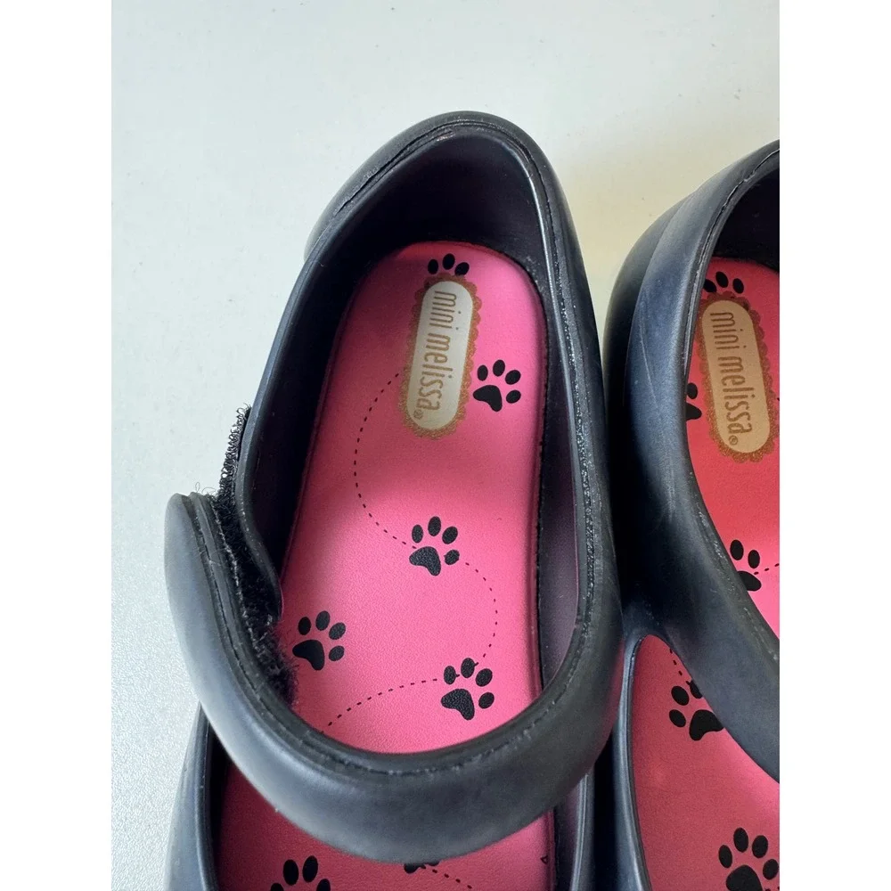 Mini Melissa Black Cat Mary Jane Shoes Kids‎ Size 9 Jelly Paw Print Insole